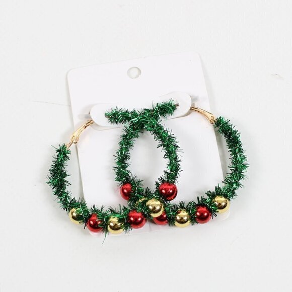 Christmas Hoop Earrings, Glitter Red And Green Tinsel, Brand New - Picture 1 of 3